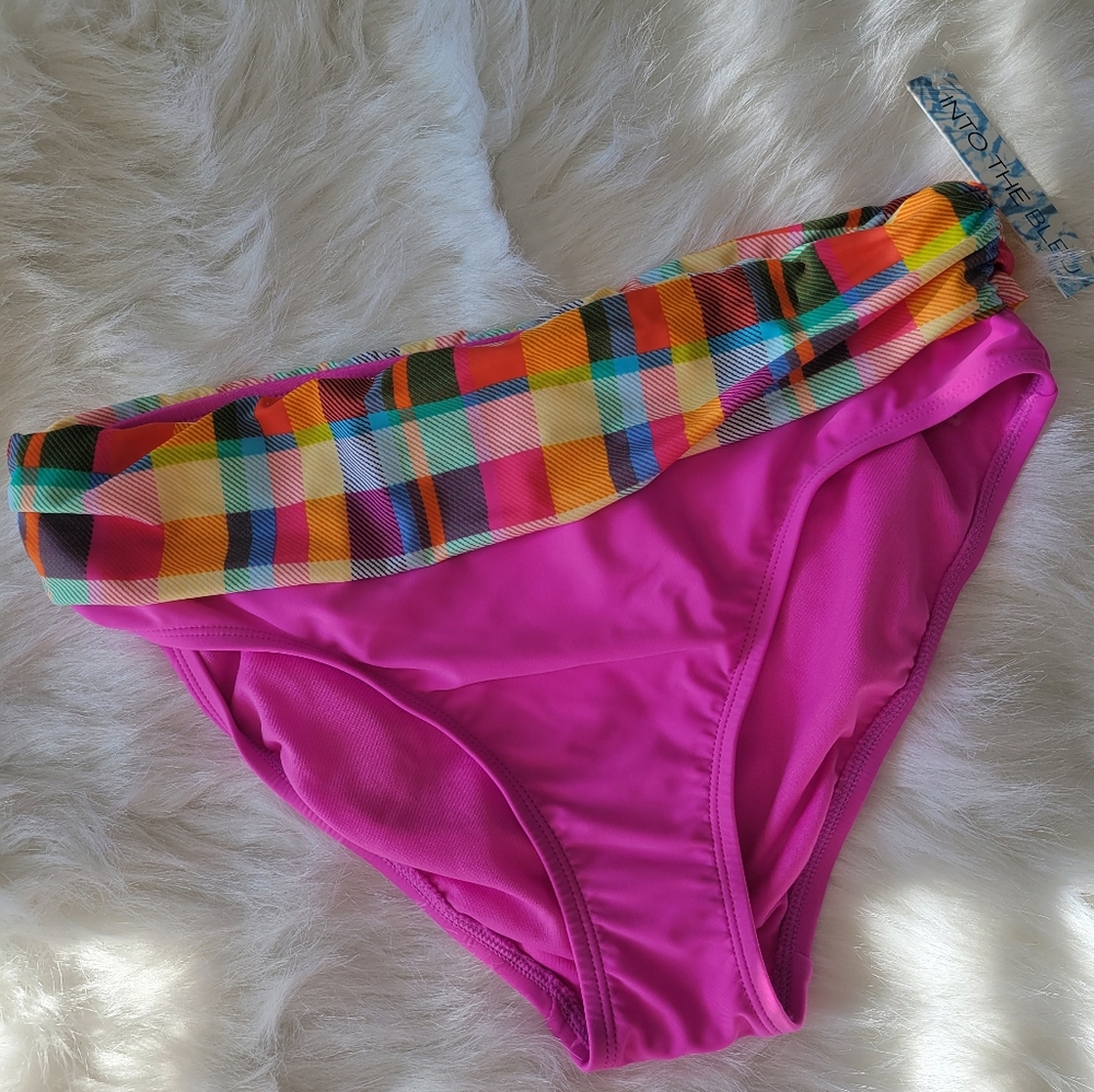 Into The Bleu by Amerex Hot Pink Madras Plaid Bikini Bottom 10 NWT